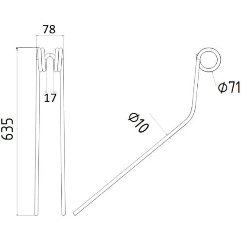 Technical drawing of a bent metal rod used in the Krone SWADRO, with dimensions: 635 mm long, 78 mm wide at the top, 71 mm Outer Ø loop diameter, 17 mm gap, and a 10 mm diameter rod. This is for the Sparex Swather/Tedder Tine (Part No. S.72461), which measures 635mm in length and 78mm in width, and serves as a replacement part for Krone model number 2684050.