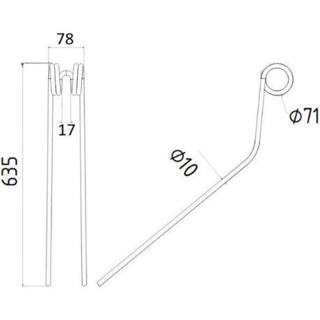 Technical drawing of a bent metal rod used in the Krone SWADRO, with dimensions: 635 mm long, 78 mm wide at the top, 71 mm Outer Ø loop diameter, 17 mm gap, and a 10 mm diameter rod. This is for the Sparex Swather/Tedder Tine (Part No. S.72461), which measures 635mm in length and 78mm in width, and serves as a replacement part for Krone model number 2684050.