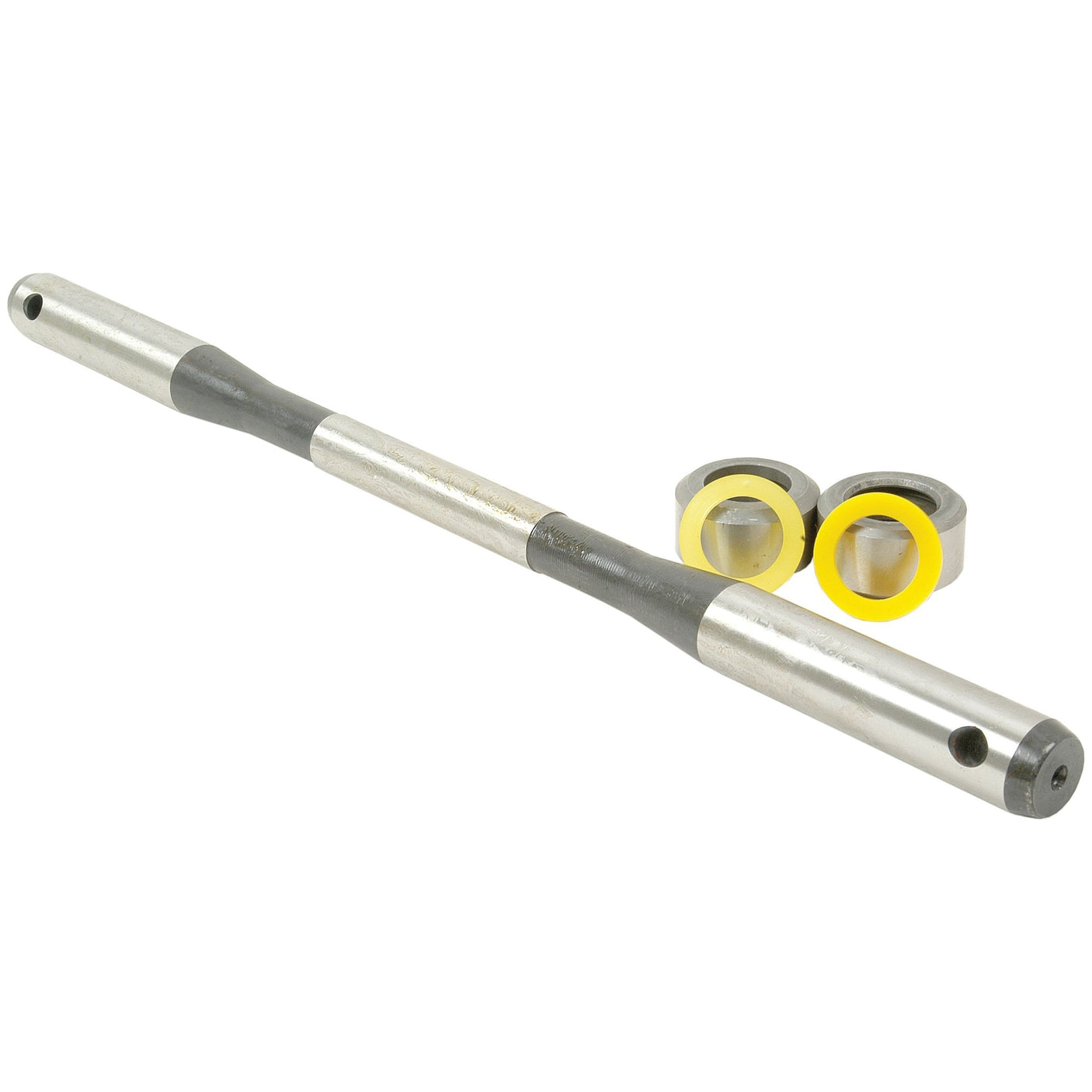 A metal rod tapered in the middle with holes at both ends, part of the Sparex Sensor Shaft Kit (Sparex Part No. S.72462), is accompanied by two small, round, yellow and gray components.