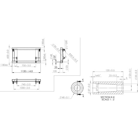 Technical engineering drawing depicting various views and dimensions of the Bale Frame - 2 x M22 x 1100mm Conus 1 Tines (Sparex Brand Tines) - S.72468. The drawing includes front, side, and section views with precise measurements in millimeters. This design adheres to EURO-NORM Quick change frame standards, guaranteeing an optimal load capacity of up to 700Kg.