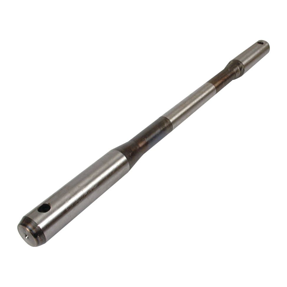 A Hydraulic Pump Shaft by Sparex, Part No. S.72469, is a metal rod with varying thickness along its length, featuring two holes near one end, resembling a John Deere hydraulic pump shaft.