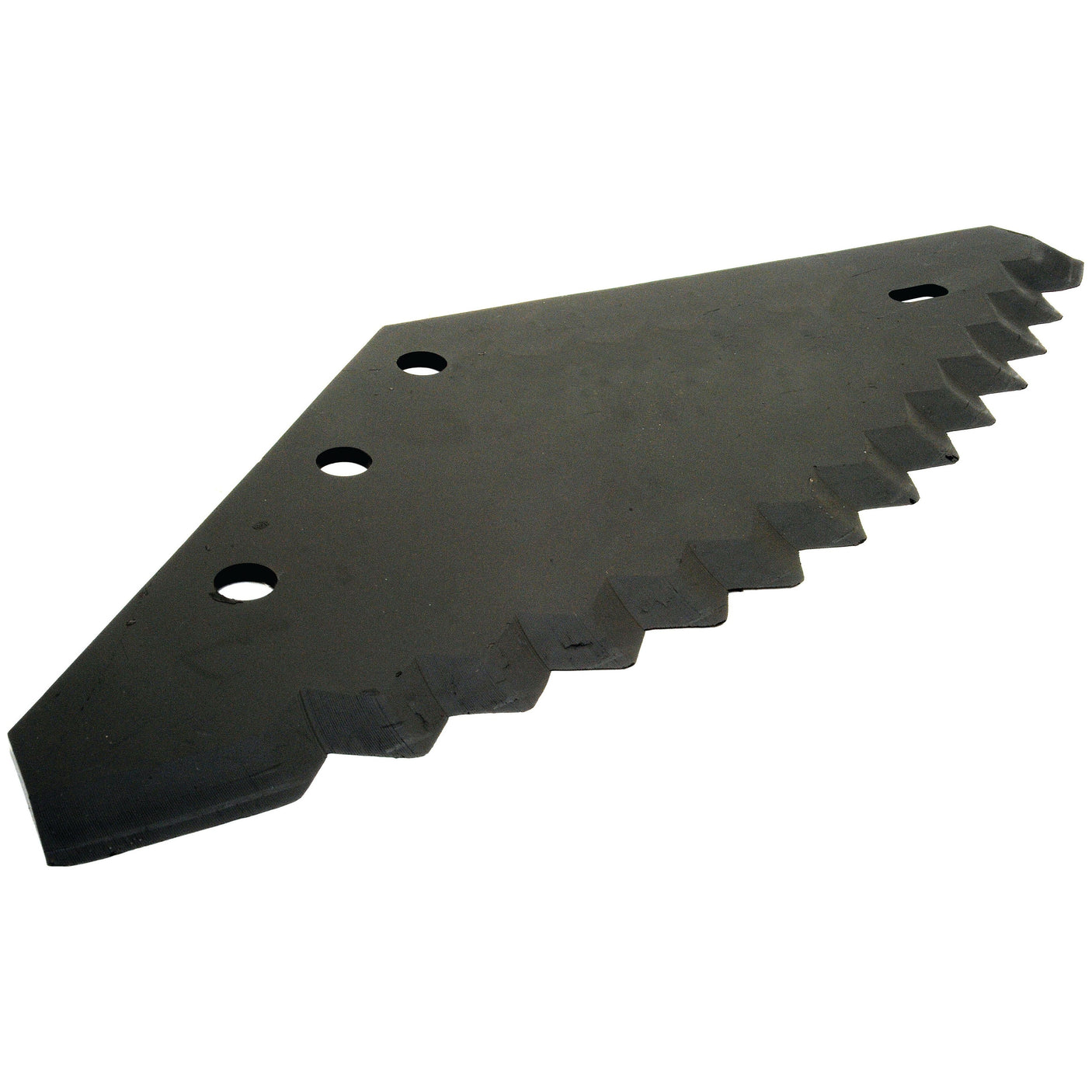 Close-up of the Feeder Wagon Blade 526mm x 245mm x 6mm Replacement for Abbey, Anderson, DTech, Peecon, Unifeed (Sparex Part No. S.72511) with a triangular jagged-edged industrial design and three circular mounting holes. This metal blade is ideal for use in a DIET FEEDER.