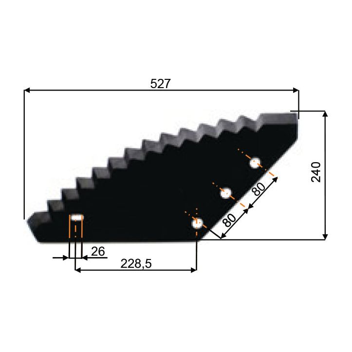 A black, saw-tooth shaped Feeder Wagon Blade with dimensions 526mm in length, 245mm in height, and 6mm in width. It features three evenly spaced holes along the object, each 80mm apart. Perfectly designed as a DIET FEEDER component for your Belair machinery. This replacement part (9805123 | Sparex Part No.S.72511) is compatible with Abbey, Anderson, DTech, Peecon, and Unifeed equipment brands and manufactured by Sparex.