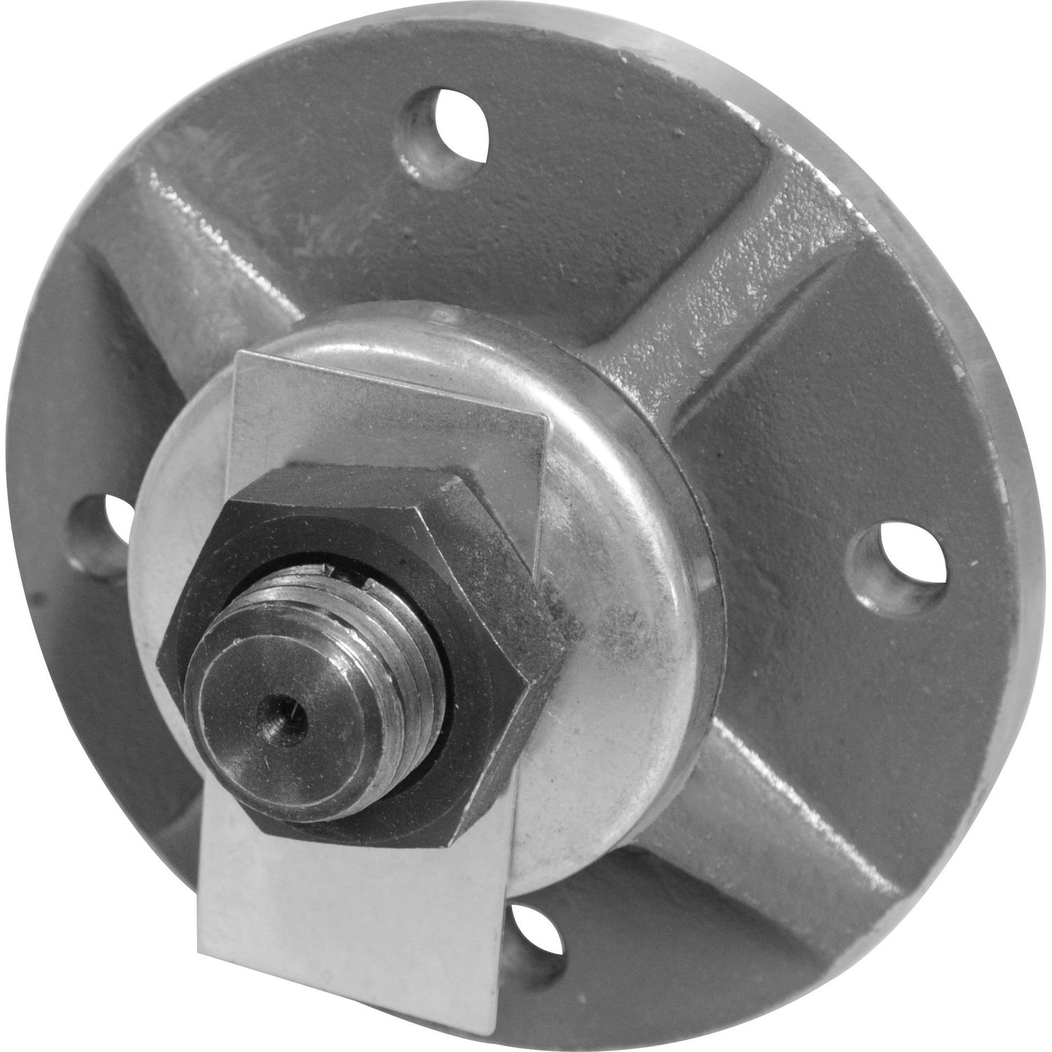 Close-up of the Coulter Hub Assembly - RH & LH (Overum) with a central bolt, hexagonal nut, and several evenly spaced holes around the circumference. This part fits as 73242A and is available under Sparex Part No. S.72515 from Sparex.