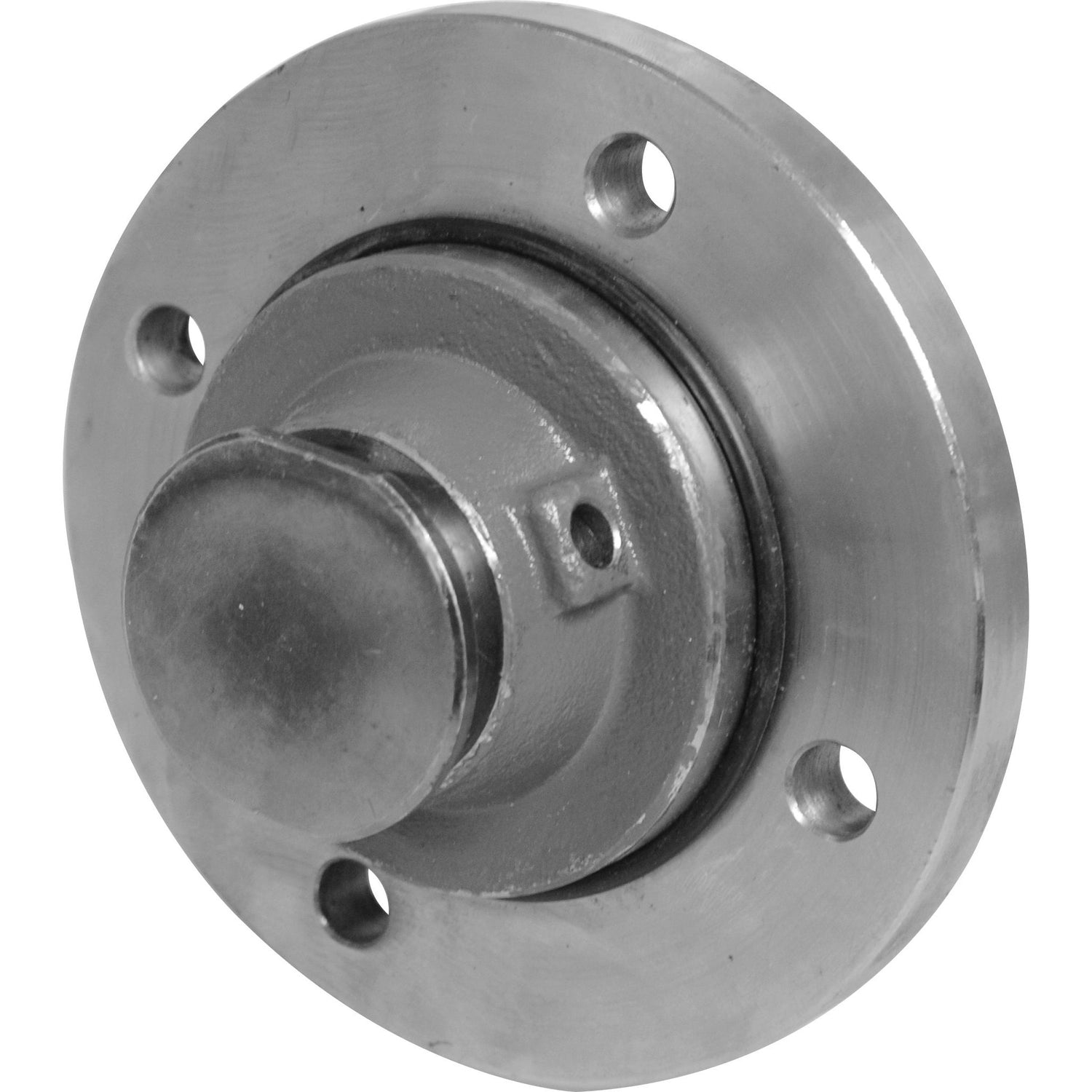 A metal mechanical component with a circular base and multiple bolt holes, featuring a cylindrical protrusion in the center, similar to the Sparex Coulter Hub Assembly - RH & LH (Overum) To fit as: 73242A | Sparex Part No. S.72515.