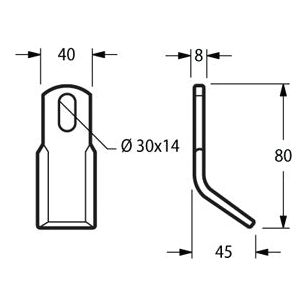 Technical drawing of a Sparex Y type flail with dimensions. The front view shows a height of 80mm, width of 40mm, and a hole measuring 30x14mm. The side view illustrates a bend at 45 degrees and a thickness of 8mm.