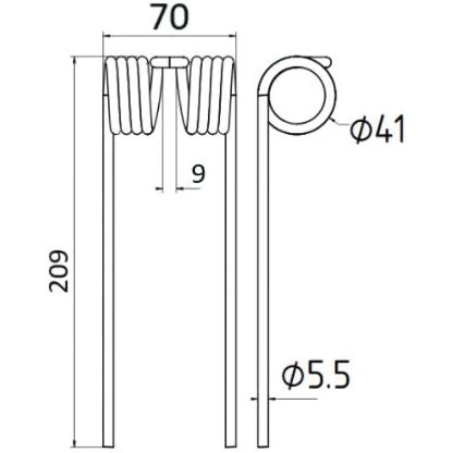 Line drawing of a Sparex Pick-Up Tine — Replacement for Welger (0940527000) with dimensions: overall length 209mm, width 70mm, wire diameter 5.5mm, coil diameter 41mm, and inner coil spacing 9mm. Sparex Part No. S.72537.