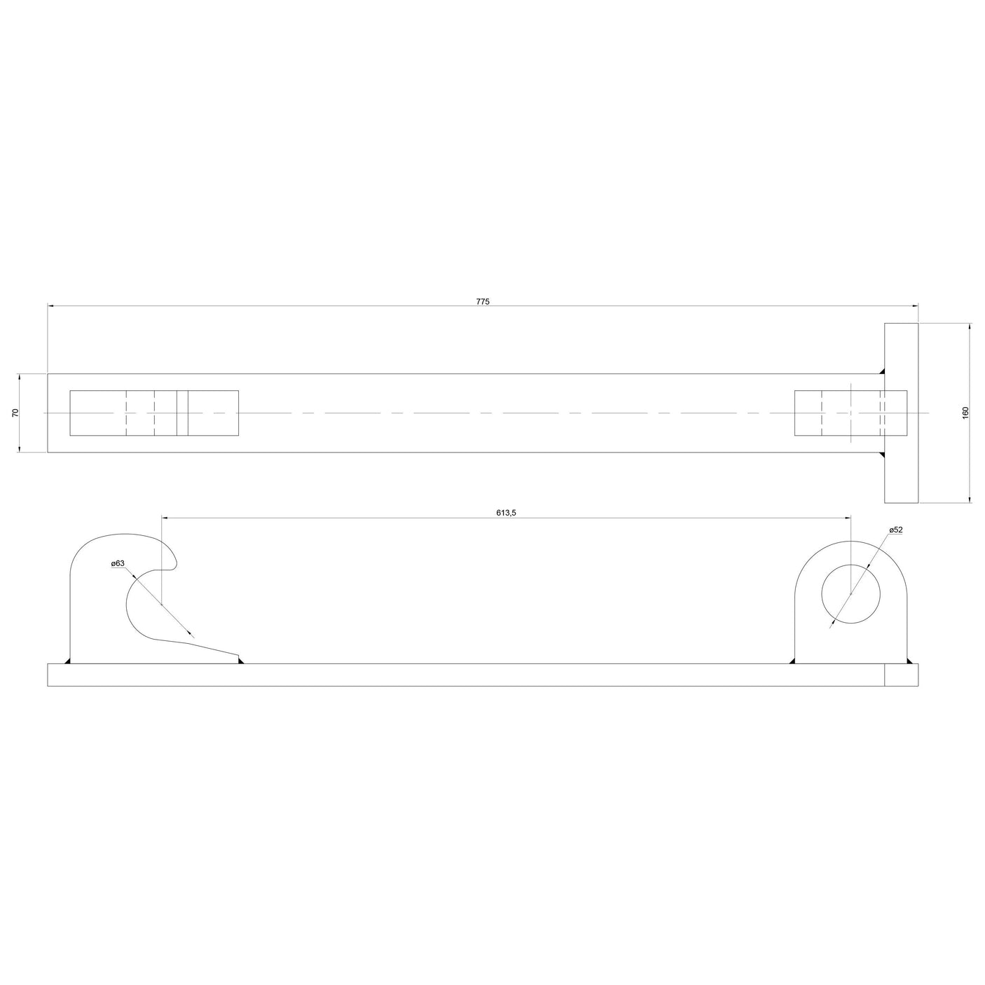 Technical drawing of the Loader Bracket (Pair) with detailed dimensions, including 775 mm length and 90 mm width, featuring key design elements on both ends for Sparex fitting. Top and side views are provided to illustrate RH & LH configurations. This product is a replacement for Volvo BM, JCB - S.72553 by Sparex.