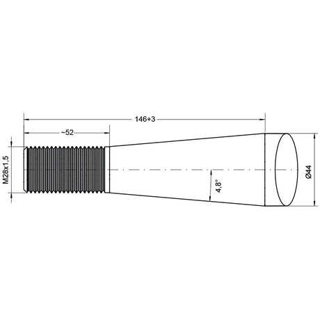 Technical drawing of a Loader Tine - Straight 820mm (Conus 2) with dimensions. The threaded part is M28x1.5 and approximately 52mm in length, with a total length of 146±3mm and a diameter ranging from 34mm to 44mm. Design optimized for SHW applications requiring maximum torque.