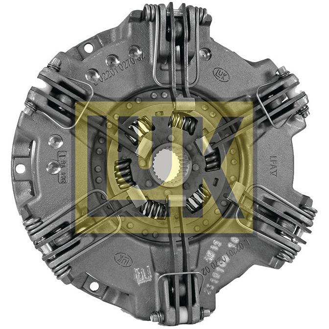 The Clutch Cover Assembly - S.72582 by Sparex is a circular vehicle component displaying visible springs and metal parts, and it features a cerametallic disc along with a dual cover design, highlighting its intricate mechanical structure.