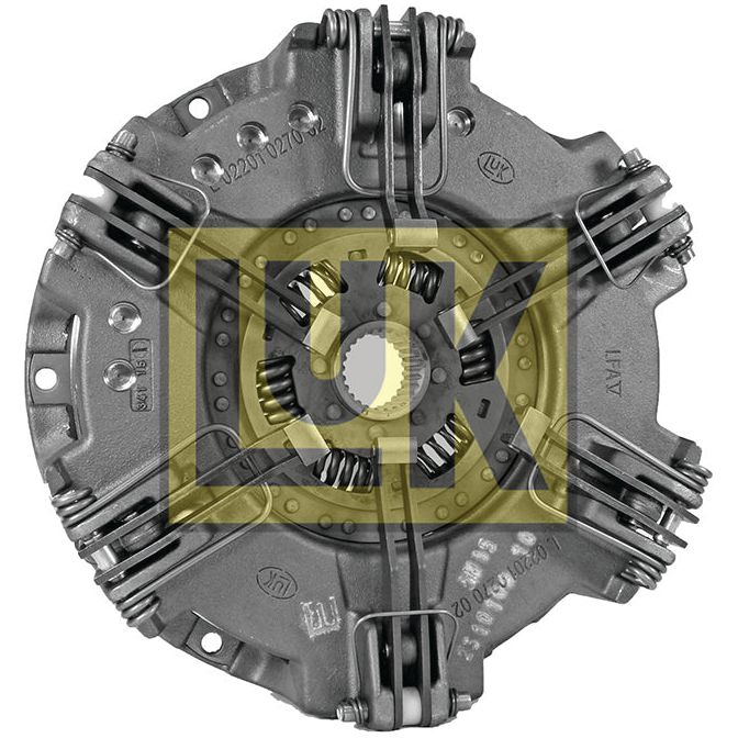 The Clutch Cover Assembly - S.72582 by Sparex is a circular vehicle component displaying visible springs and metal parts, and it features a cerametallic disc along with a dual cover design, highlighting its intricate mechanical structure.