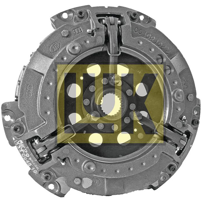 Close-up image of a mechanical part featuring a metallic circular component with springs and bolts, embossed with "Sparex" text in yellow and black. The Clutch Cover Assembly - S.72591 reveals its robust design with a cast iron housing and coil spring for added durability.