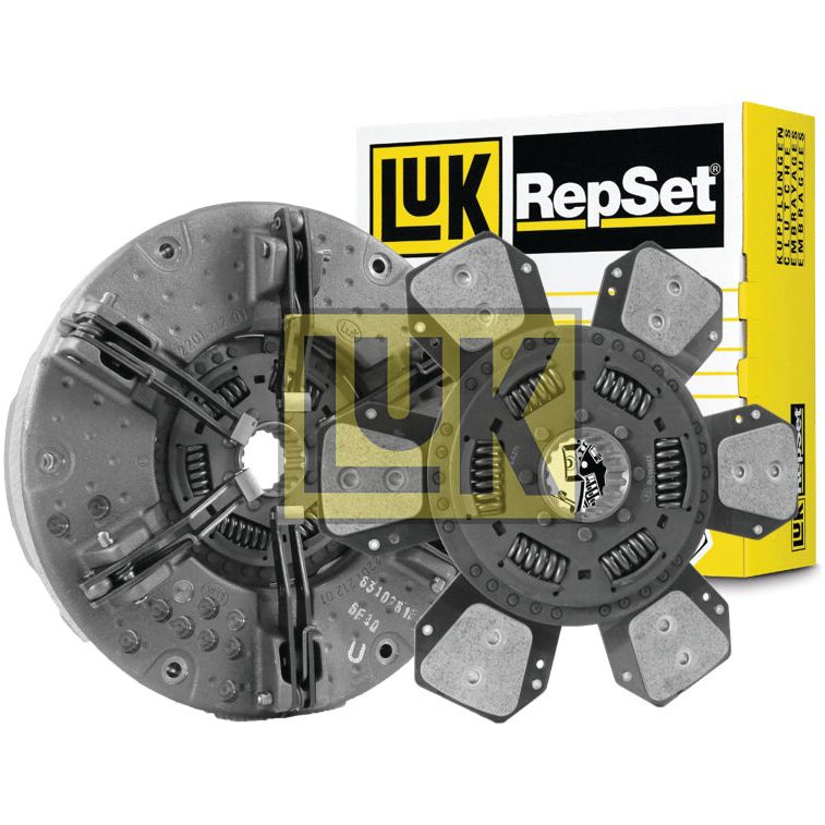 Sparex Clutch Kit without Bearings - S.72720, featuring two metal clutch discs with distinctive designs and a dual cover, placed in front of a branded yellow and black box.