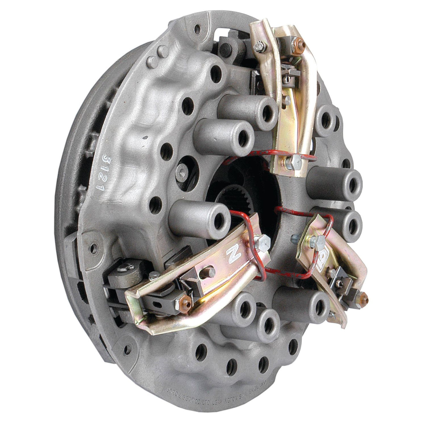 A close-up view of the S.72740 Clutch Cover Assembly by Sparex reveals its intricate design, showcasing multiple springs and connectors. The component is encased in a dual cover and a pressed steel housing, with various parts meticulously fixed together.