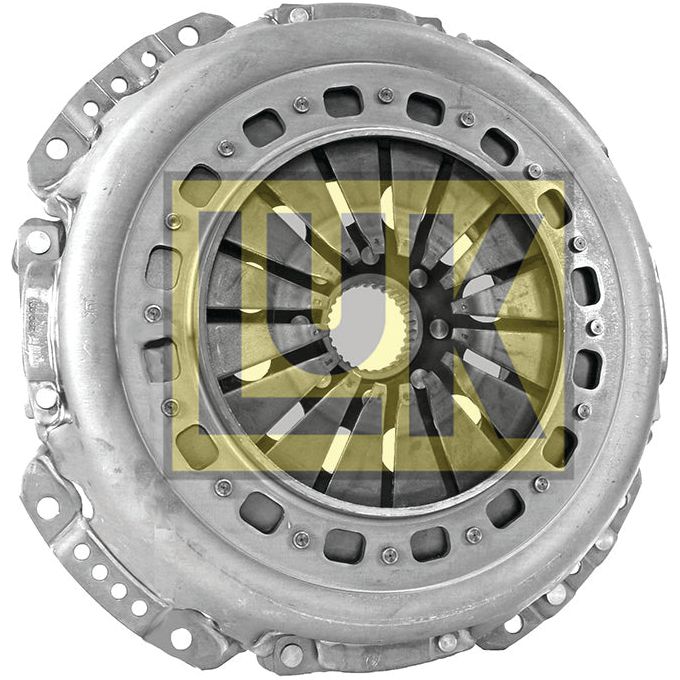 A close-up image of a car clutch pressure plate with a yellow measuring square overlayed. The circular metal device, identified as the Clutch Cover Assembly - S.72755 by Sparex, features numerous bolts around its outer rim and a central fixed hub.
