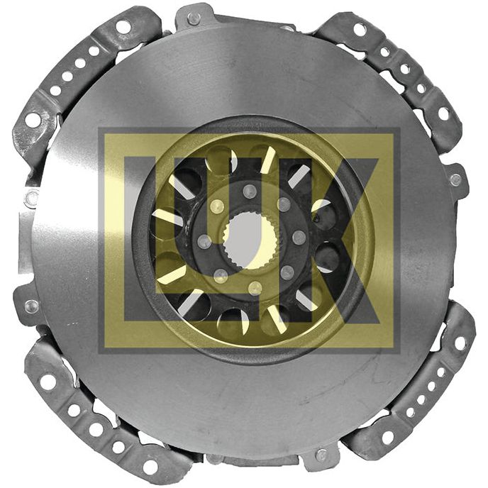 A metallic car clutch kit, the Clutch Cover Assembly - S.72755 by Sparex, features a flat flywheel and dual mass flywheel, along with a large central disc and multiple surrounding components.