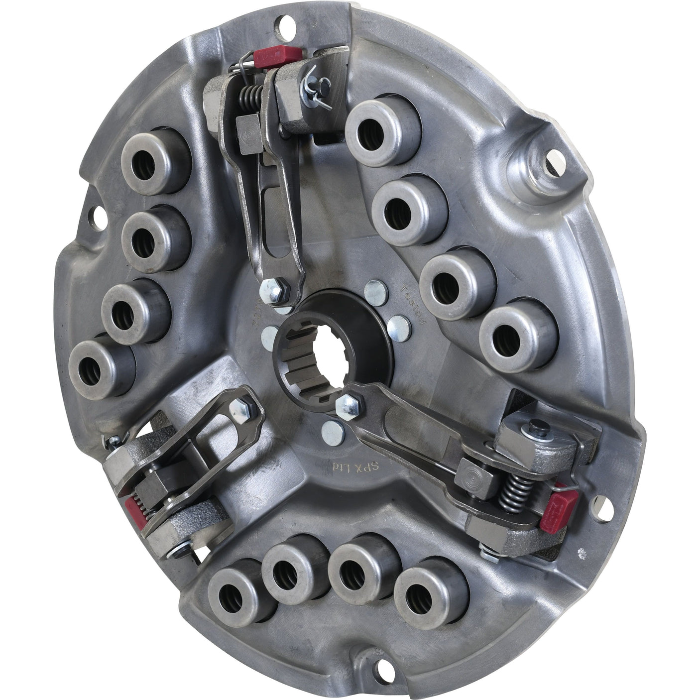 Close-up of a Clutch Cover Assembly - S.72786, a mechanical component crafted from pressed steel with multiple circular holes and two large clamps equipped with springs and adjustment screws. This robust Sparex part ensures optimal performance for split torque applications.