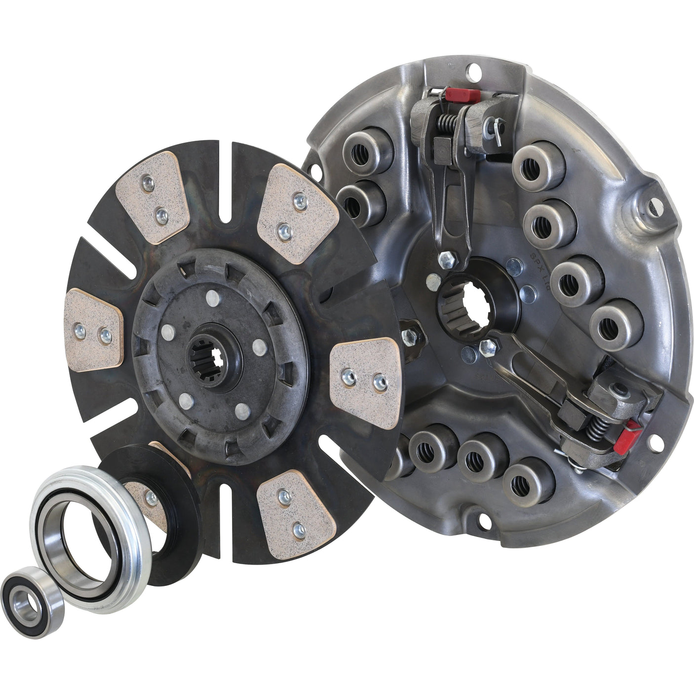 A Sparex Clutch Kit with Bearings - S.72795 featuring a Cerametallic Captive Disc, pressure plate, and transmission bearings, arranged together against a plain background.