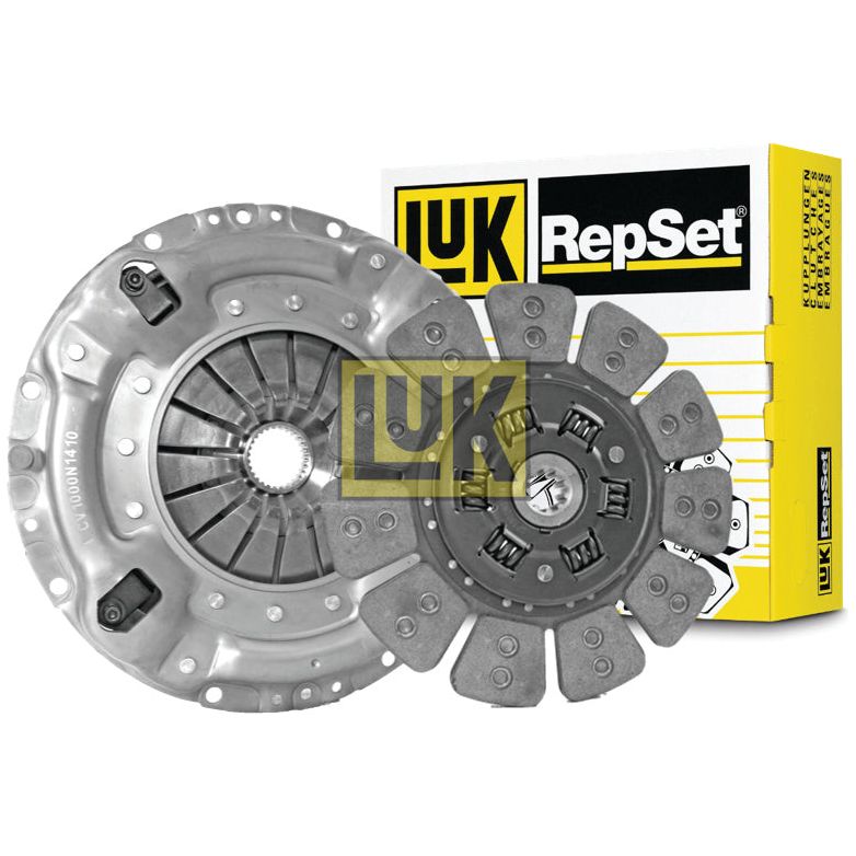 Image of a Sparex Clutch Kit without Bearings - S.72804 next to its packaging box. The kit includes a pressure plate and a friction disc with a torsion sprung loose disc design. The box is yellow and white, displaying the Sparex logo prominently.