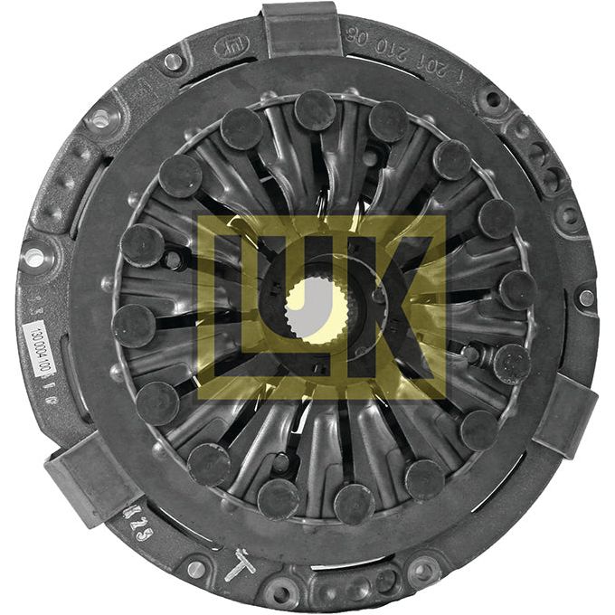 A Clutch Cover Assembly - S.72814 by Sparex, featuring a black automotive clutch pressure plate with the LUK logo in yellow prominently displayed at the center, encased within a durable cast iron housing.