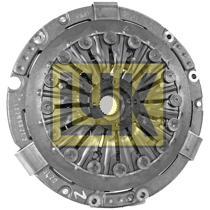 A clutch cover assembly featuring various metal components, including a singular cast iron cover, marked with the yellow and black Sparex LUK logo overlaying the center of the Clutch Cover Assembly - S.72828.