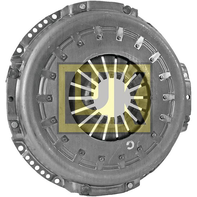 The Sparex Clutch Cover Assembly - S.72846 features a metallic automotive clutch pressure plate with a logo in the center, designed with concentric circular and radial elements for engaging the clutch. This model boasts a 310mm cover for enhanced performance.