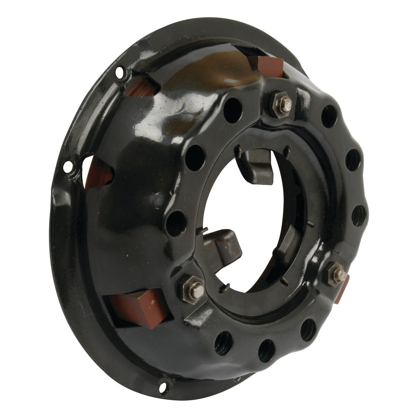 Close-up view of the Clutch Cover Assembly - S.72899 by Sparex, a black mechanical clutch pressure plate fabricated from pressed steel with several mounting holes and visible release levers. The single cover design is optimized for performance, measuring at a precise cover size of 230mm.