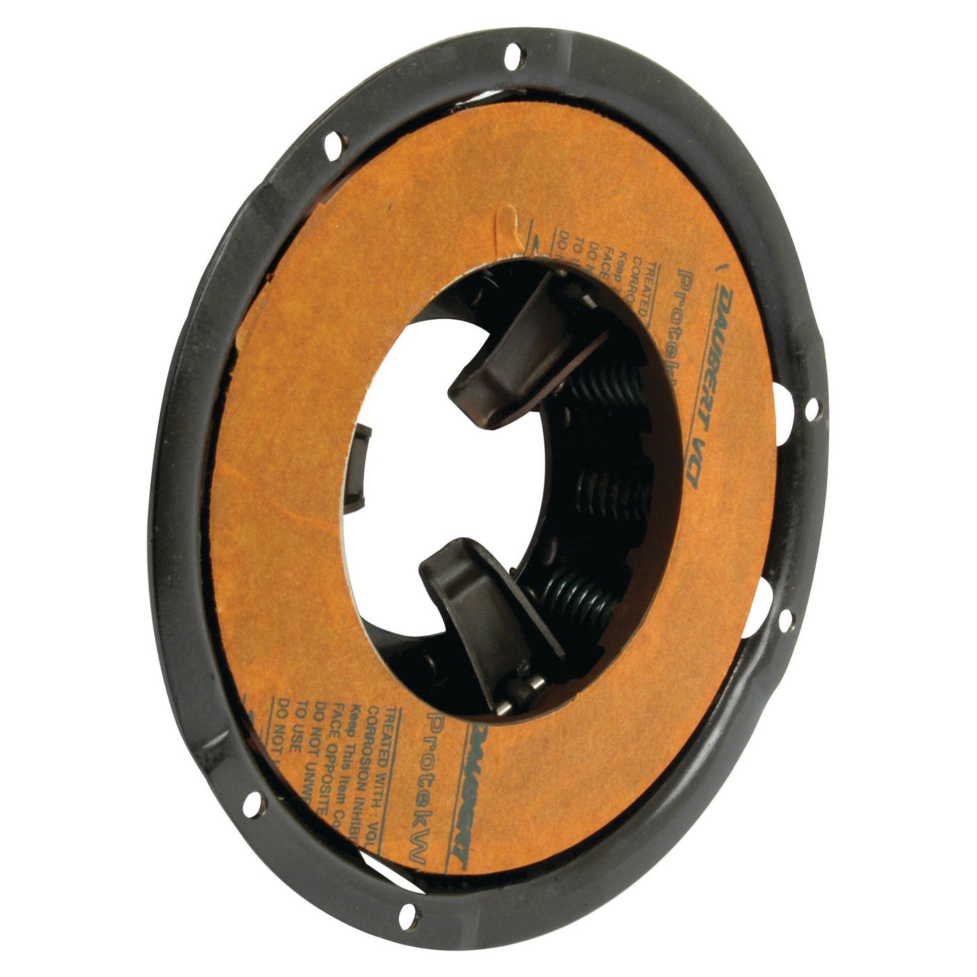 The Clutch Cover Assembly - S.72899 by Sparex is a robust round, metallic vehicle clutch disc featuring a central opening and visible springs on an orange plate, designed with durable pressed steel.