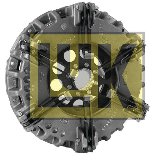 A Clutch Cover Assembly - S.72916 from Sparex, featuring a black and yellow "LUK" logo overlay on its metallic surface. This durable cast iron component showcases multiple visible springs and bolts, enhancing its robustness.