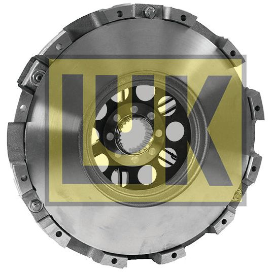 The Clutch Cover Assembly - S.72916 by Sparex is a round metal automotive component featuring visible bolts and circular cutouts, with the LUK logo prominently displayed in bold yellow text. This dual cover design enhances durability through its robust cast iron construction.