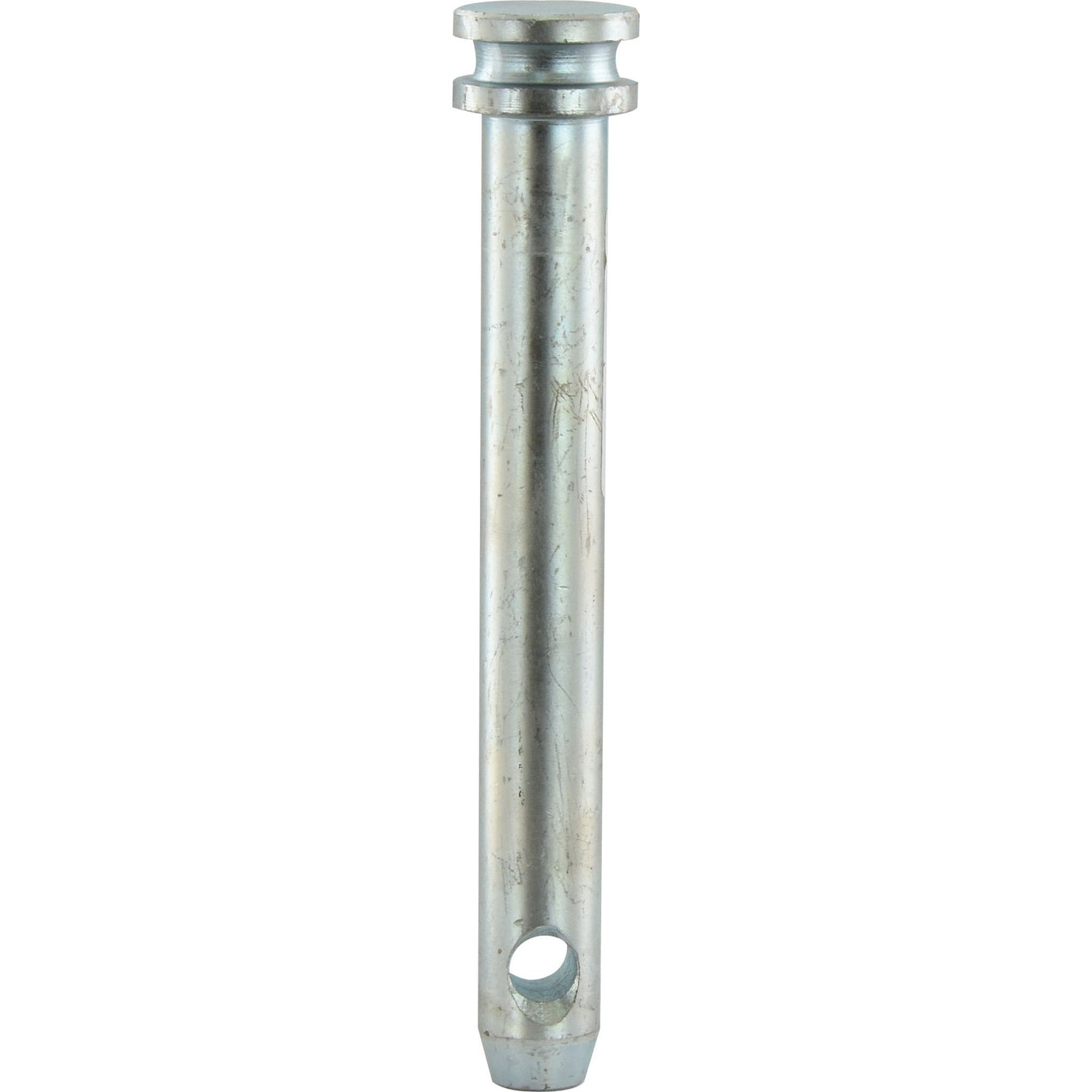 The Lower Link Pin 22x149mm Cat. 1 from Sparex (Part No. S.72) is a metal pin featuring a circular head, a groove near the top, and a hole through the tapered end; ideal for use with Massey Ferguson machinery or as a replacement part from Sparex.