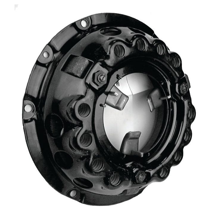 Close-up of a circular, black-colored mechanical component with a glossy finish, the Sparex Clutch Cover Assembly - S.73005 featuring a central opening surrounded by a series of ridges and bolt holes.