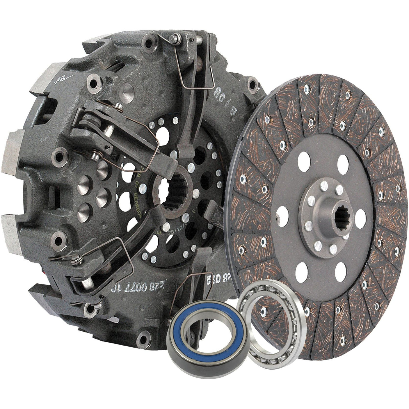 The Sparex Clutch Kit with Bearings - S.73011, featuring a Cerametallic pressure plate, clutch disc, and two bearings, is displayed on a white background.