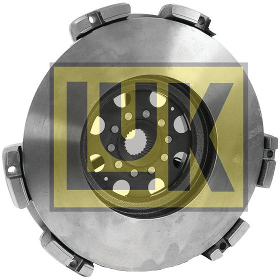 Close-up image of a circular mechanical part, the Clutch Cover Assembly - S.73017 by Sparex, featuring several small components attached around the edges and crafted from durable cast iron, against a background overlay with the text "LUK.