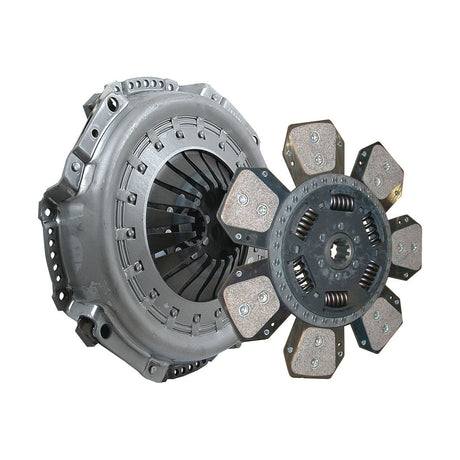 The Sparex Clutch Kit without Bearings - S.73034 is a high-performance automotive clutch kit that includes a single cover clutch with a pressure plate on the left and a torsion sprung loose disc featuring six spring-loaded friction pads on the right.