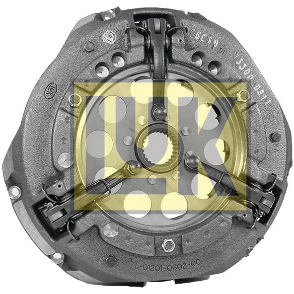 Close-up of a mechanical component featuring precision parts, all rendered in grey metal. The letters "Sparex" are prominently superimposed in yellow in the center, encased by the robust cast iron housing of the Clutch Cover Assembly - S.73046.