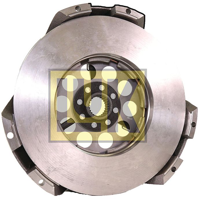 The Clutch Cover Assembly - S.73046 by Sparex features a metal car flywheel with multiple holes and a toothed central hub, housed in a durable cast iron casing, designed for use in automotive engines.