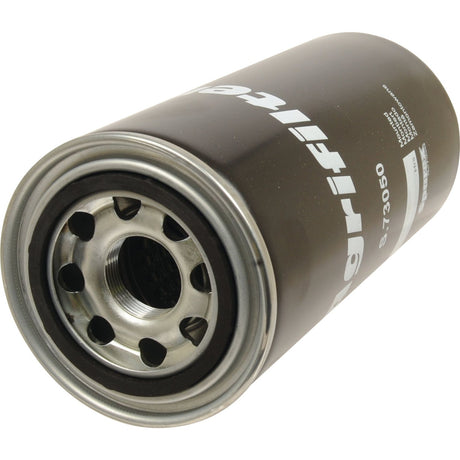 Close-up image of a cylindrical hydraulic filter with metallic ends and multiple circular openings on one side. The Sparex Hydraulic Filter - Spin On - HF35305 (Sparex Part No. S.73050) has text and numbers printed on its side, making it suitable for Ford New Holland machinery.