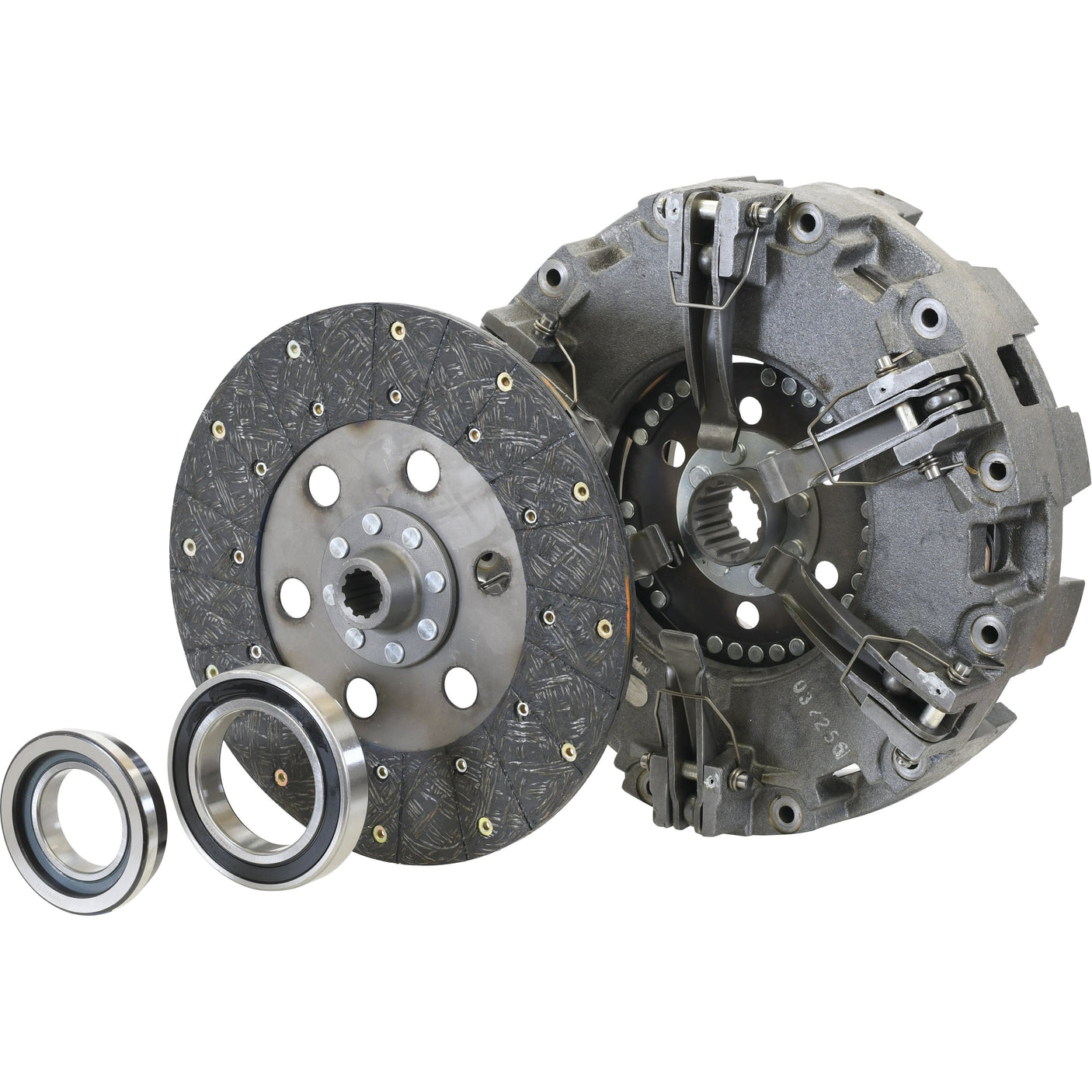 The Sparex Clutch Kit with Bearings - S.73062, featuring a cerametallic pressure plate, clutch disc, and two bearings, isolated on a white background.