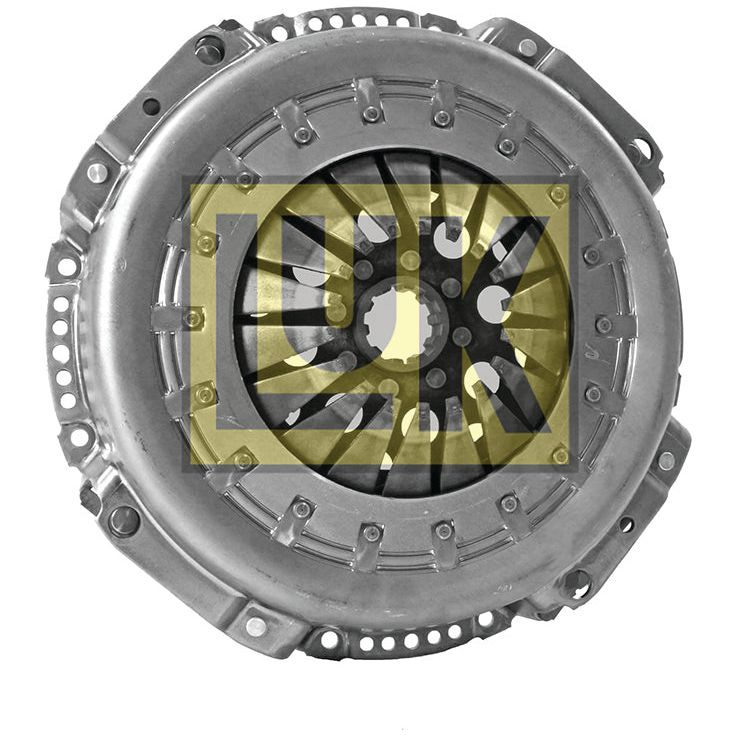 The Clutch Cover Assembly - S.73090 by Sparex is a metal automotive clutch pressure plate with a central diaphragm spring and a 310mm cover. It is designed for flat flywheel types and features a robust pressed steel housing, adorned with the distinctive yellow and green "LK" branding on the front.