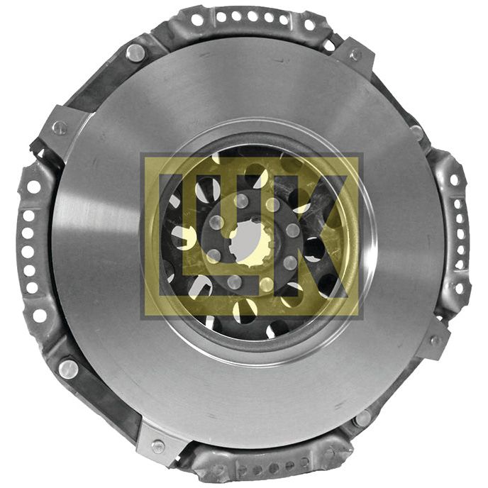 A Sparex Clutch Cover Assembly - S.73090, featuring a metallic automotive clutch disc with a central circular array of perforated holes, a yellow inner component, and a pressed steel housing.