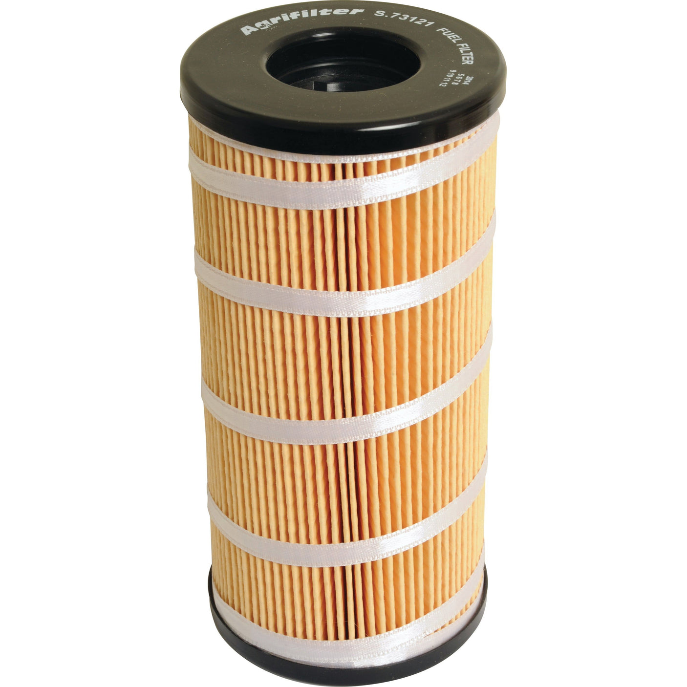 A cylindrical fuel filter element with pleated paper encased in a black top and bottom, often used as an Agrifilter component, known as the Sparex Fuel Filter - Element (Part No. S.73121).