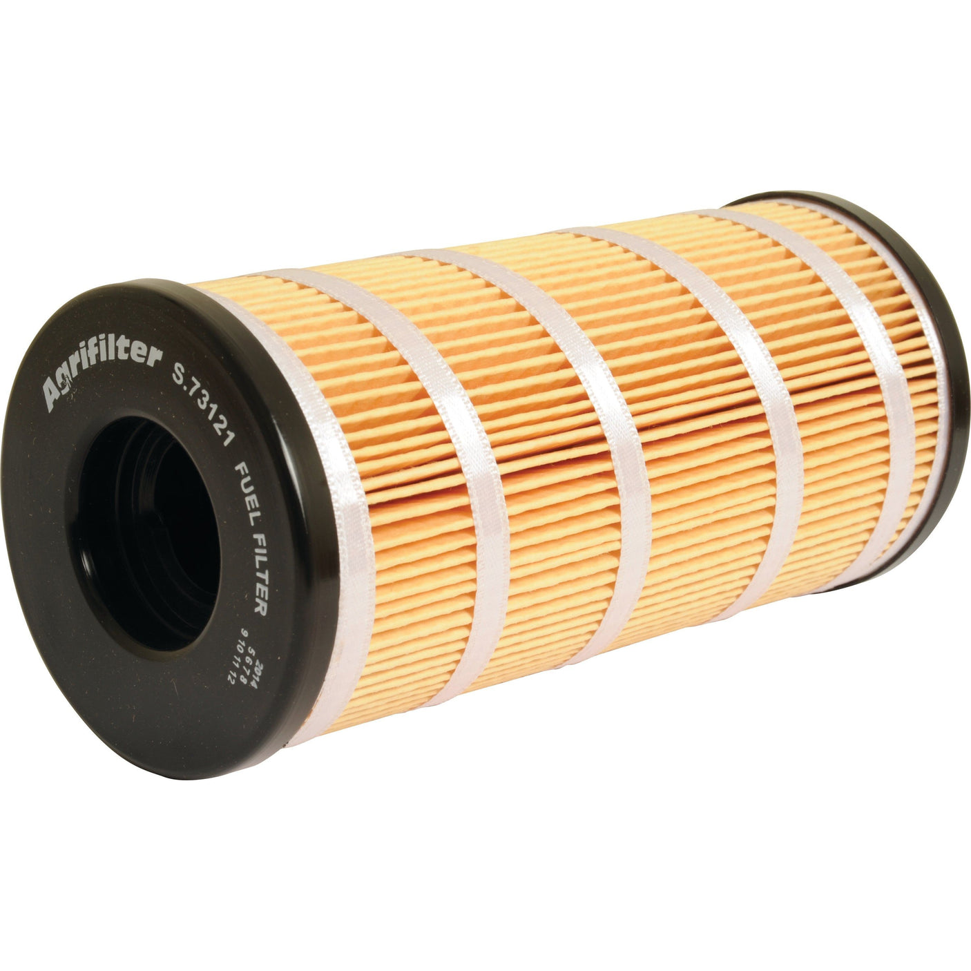 A cylindrical fuel filter with a brown pleated paper element and black plastic ends, labeled "Sparex Part No.S.73121," is manufactured by Sparex.