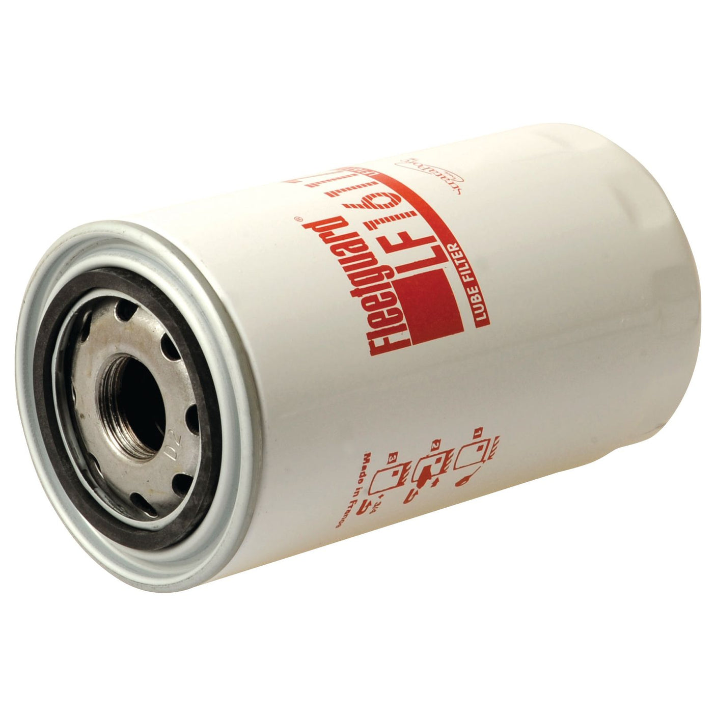 A cylindrical Sparex Oil Filter - Spin On - LF16117 (Sparex Part No. S.73138) with a white exterior and red labeling, featuring a central threaded hole and multiple smaller perforations. Ideal for Case IH machinery, this reliable oil filter ensures optimal performance.