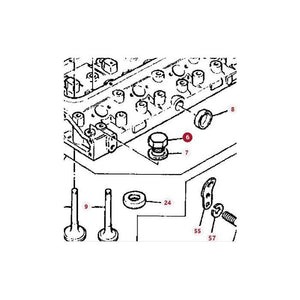 A diagram illustrating the assembly of various numbered engine components for Massey Ferguson models, featuring parts such as 6, 7, 8, 9, 24, 55, and the AGCO-branded Massey Ferguson Plug (part number: 731410M1).