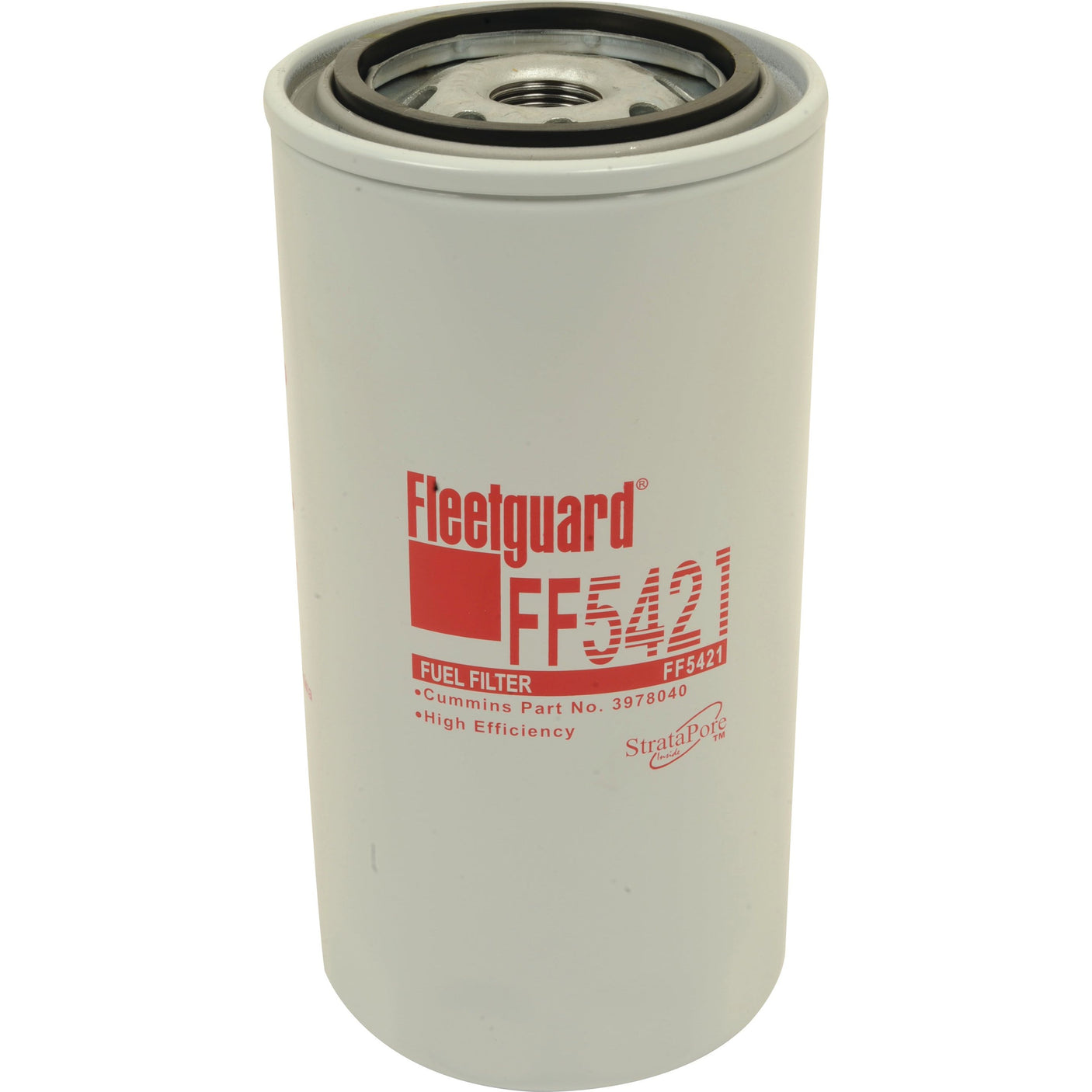 Sparex Fuel Filter - Spin On - FF5421, labeled with specifications and part number S.73143, is a cylindrical, white filter featuring red and black text.