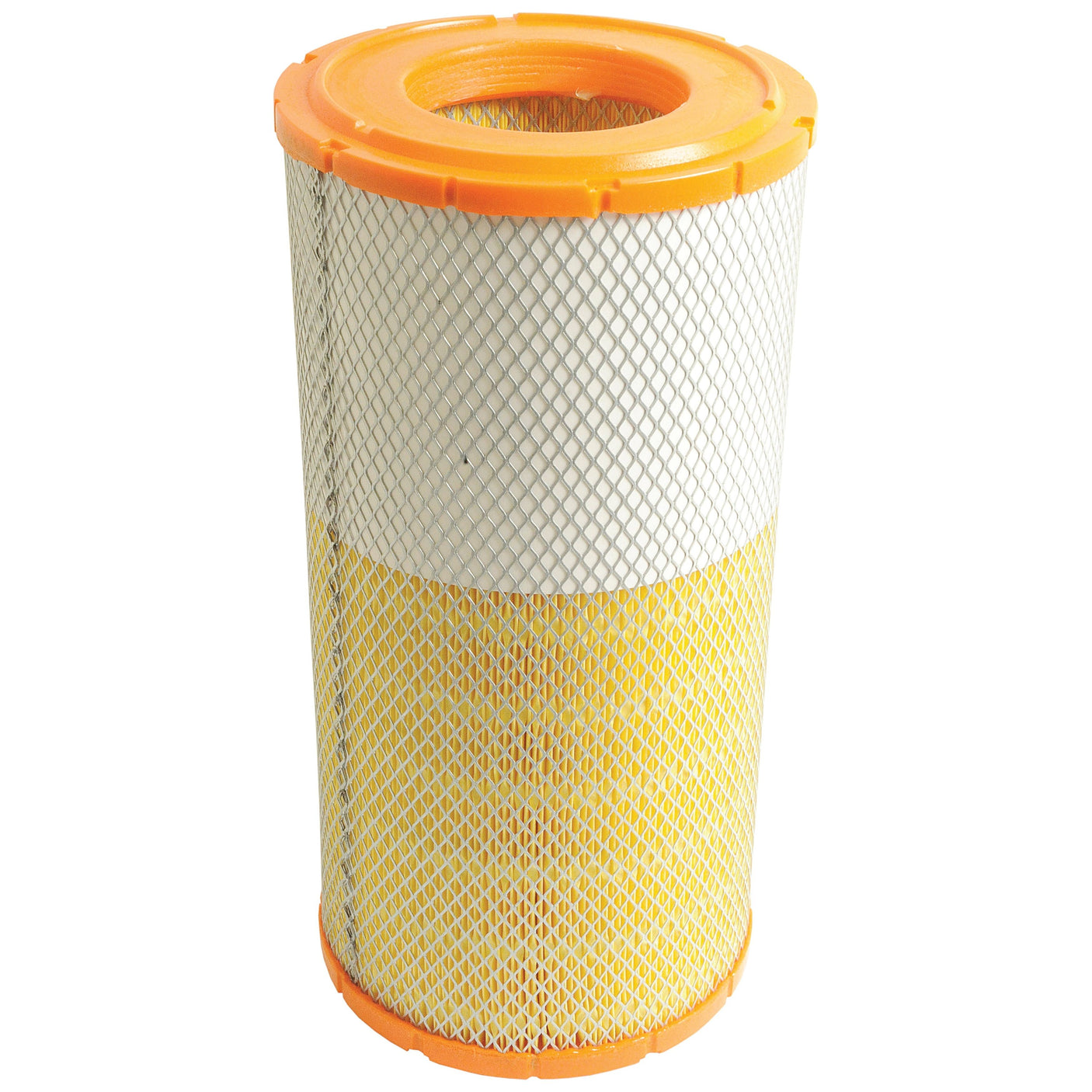 The Sparex Outer Air Filter (Part No. S.73147) boasts an orange top and bottom, complemented by white and yellow pleated filter material encased in a metal mesh, making it perfect for various agricultural equipment.