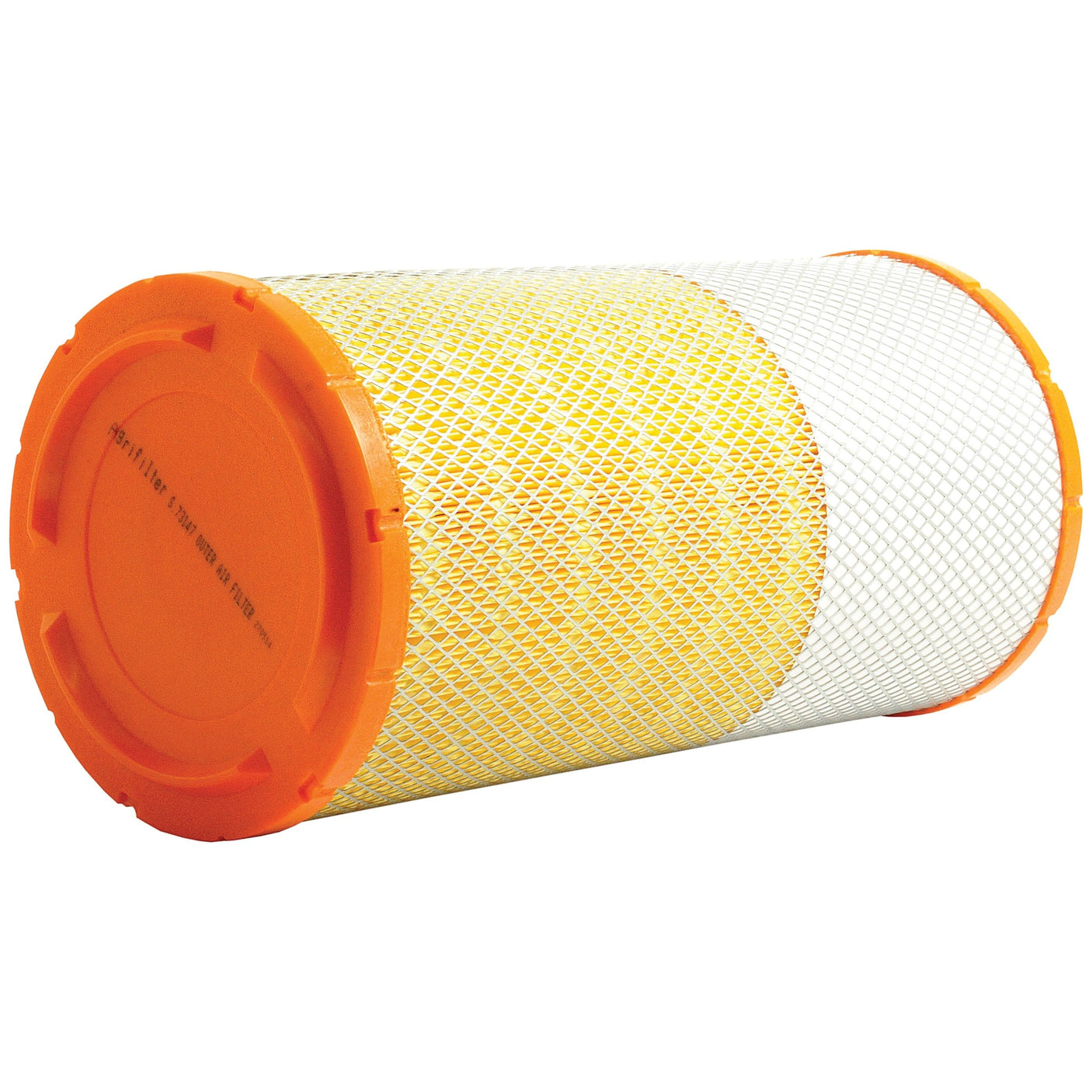 The Air Filter - Outer (Sparex Part No. S.73147) by Sparex is a cylindrical air filter with an orange cap, featuring a mesh-covered body with yellow and white sections, making it ideal for agricultural equipment.