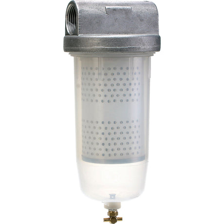 The Sparex Fuel Storage Tank Filter Assembly, part number S.73153, features a transparent plastic and metal housing with a threaded top and a perforated cylindrical filter inside. It includes a drain valve at the bottom and comes with a standard 10-micron filter element, compatible with 1'' BSP thread size, offering an excellent alternative to: 73477.