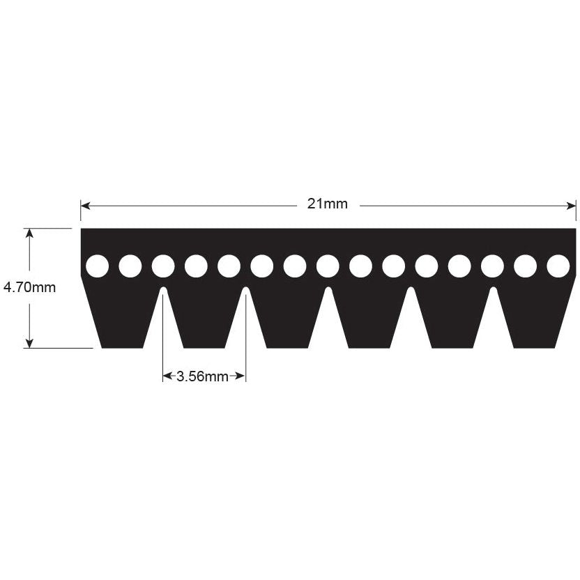 Diagram of a notched component with dimensions. Length: 21 mm, height: 4.70 mm. Features a row of circular holes and triangular notches with a base width of 3.56 mm each, resembling the precision found in Sparex Poly V / Multi-Rib Belt - PK Section - Belt No. 6PK1580 (Sparex Part No.S.73413).